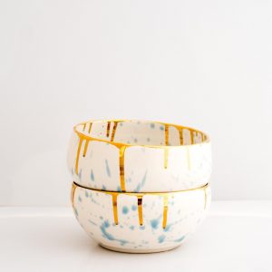 Ceramic Dinnerware - Bowl - Green & Gold Drip