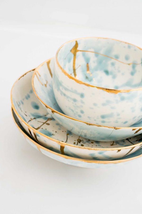 Ceramic Dinnerware - Bowl - Green & Gold Drip